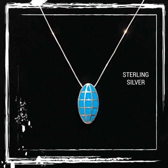 Turquoise Inlay Sterling Silver Oval Pendant Necklace - Picture 2 of 9